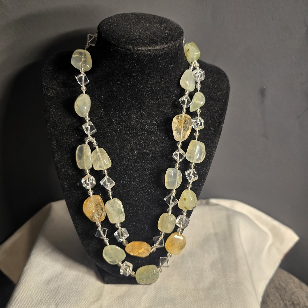 Green Prehnite Golden Citrine Double Strand Gemstone Necklace Toggle Clasp